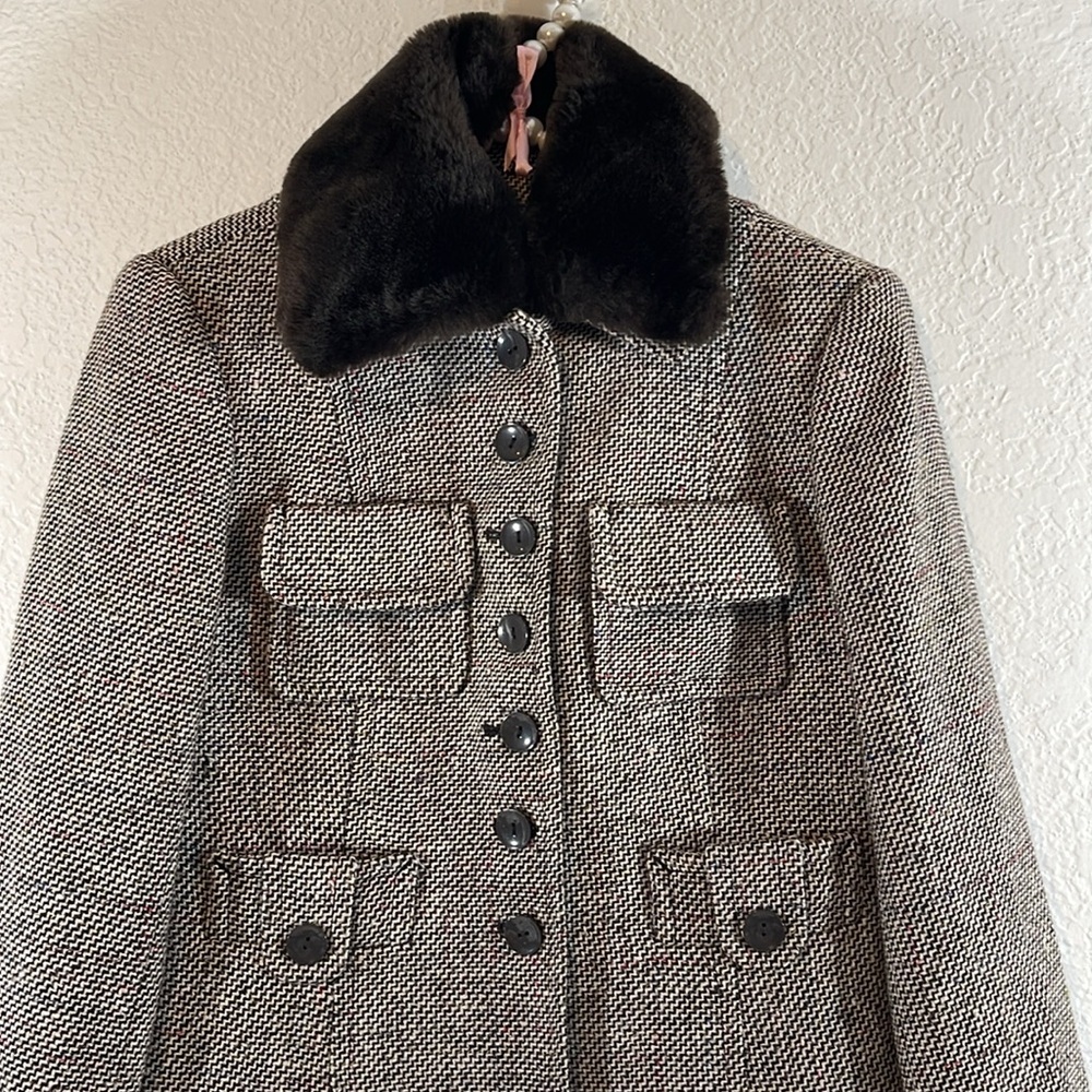 DALIA Tweed Jacket with Removable Faux Fur Collar Wool Blend Size 4P - Picture 2 of 9